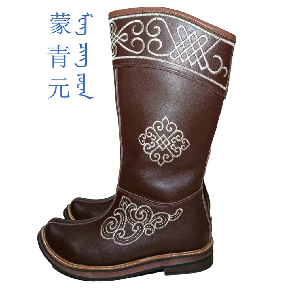 蒙青元男士偏大一码情侣款翘尖高筒民族绣花耐磨通用单马靴