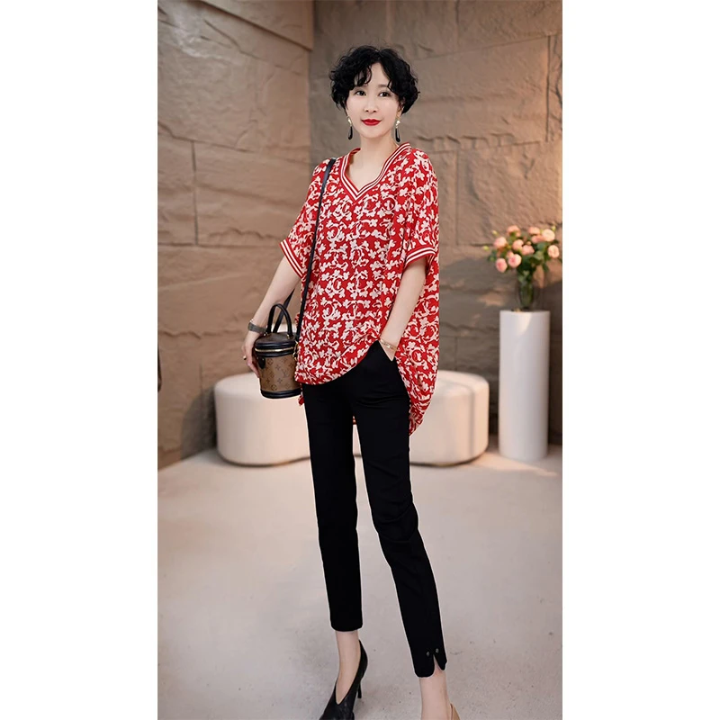 小众V领印花上衣春季新款时尚休闲洋气小衫宽松百搭气质显瘦8828