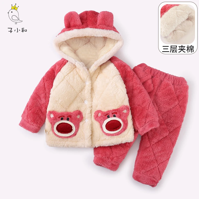 儿童睡衣冬加厚女孩女保暖女孩草莓熊套装三层夹棉女童家居服冬季