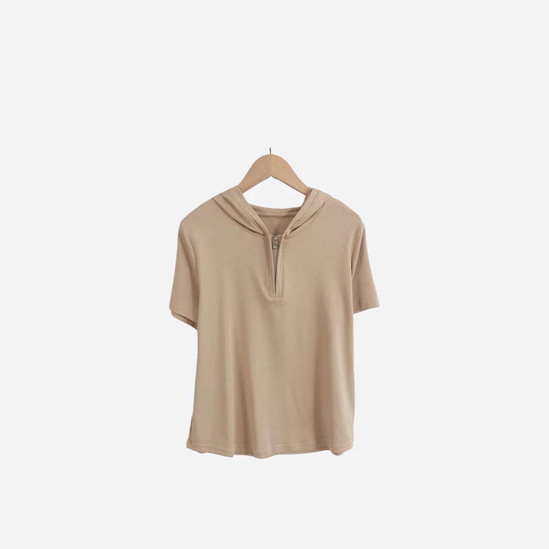 「正肩帽衫」女士内搭宽松半拉链连帽上衣-P5112