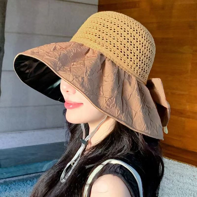 黑胶防晒帽子女夏天太阳帽蝴蝶结草帽百搭大檐遮阳帽可折叠渔夫帽