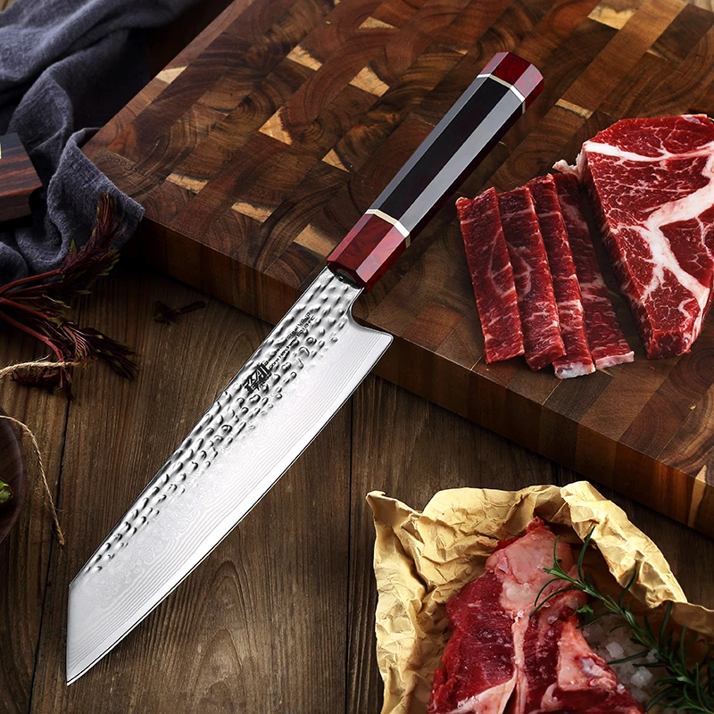 FINDKING/锋劲日式67层钢大马士革手工锻打红影黑檀八角柄料理刀