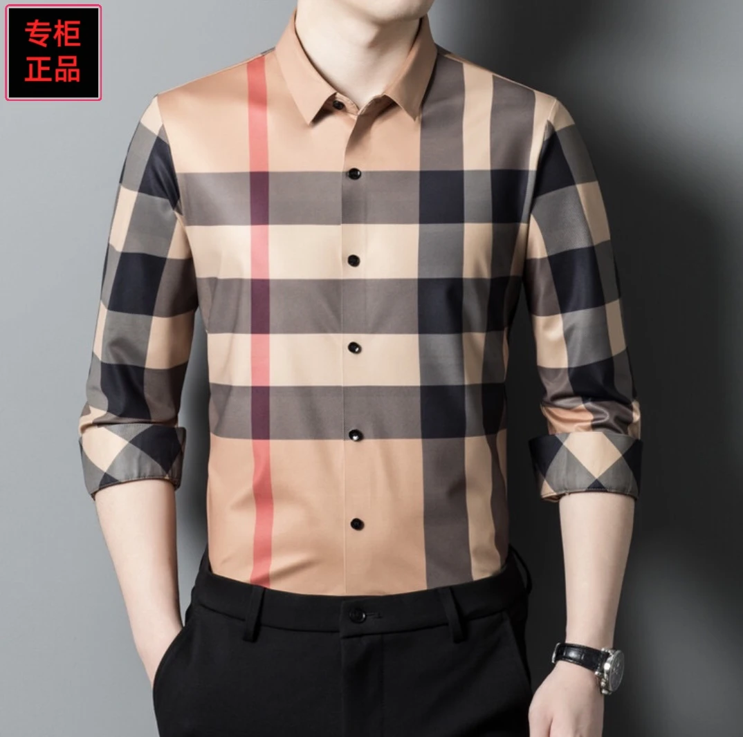 【专柜正品】轻奢秋季新款格子长袖衬衫男士夏季休闲商务免烫衬衣男