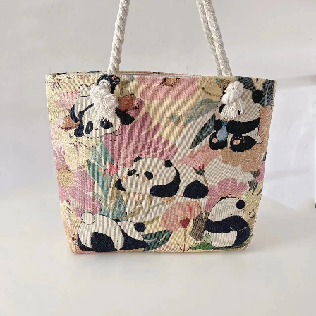 【麻绳中包】帆布提花刺绣包韩版卡通熊猫系列单肩妈咪包学生书本包