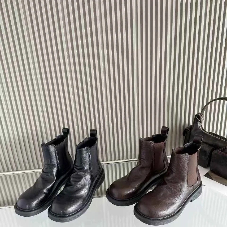 6A107-1D褶皱切尔西靴真皮冬季中筒英伦风复古圆头短靴