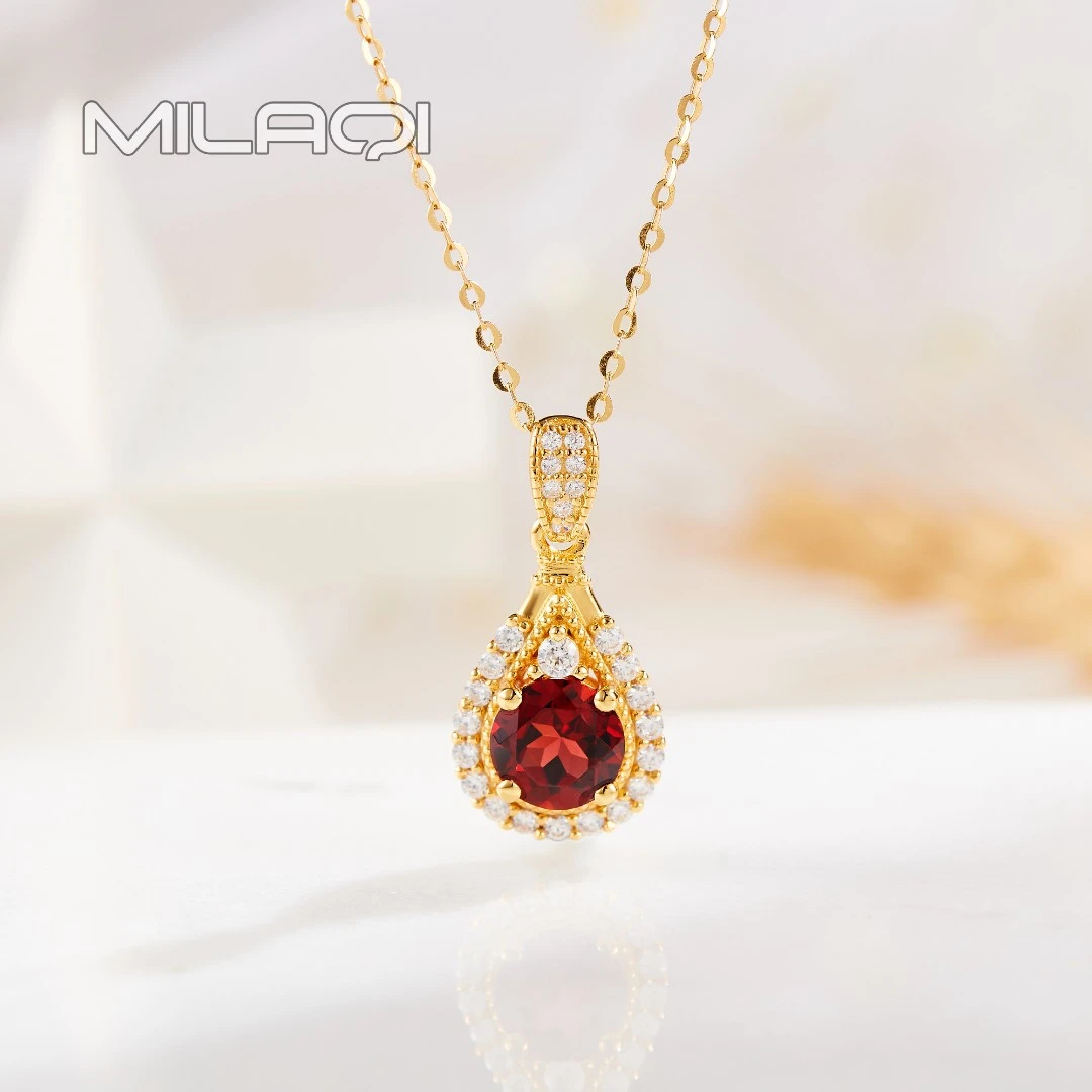 米拉奇 石榴石s925银镶水滴满镶气质项链S217