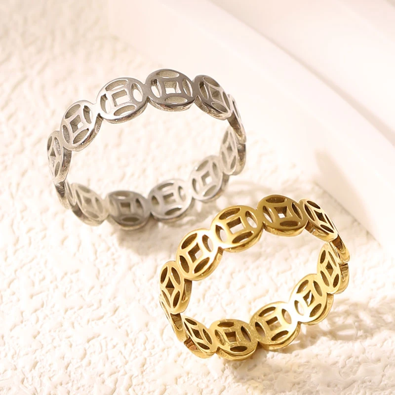 钛钢戒指 钛钢铜钱戒指女男士情侣对戒小众设计轻奢高级感指环款