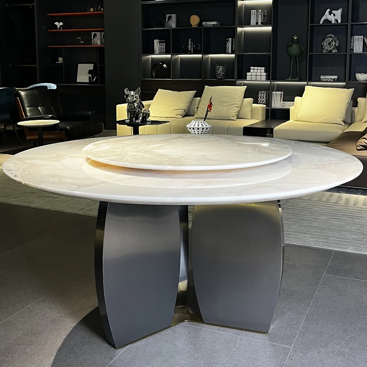 【芬迪白】进口奢石餐桌意式轻奢高级感别墅豪宅圆形大理石餐桌