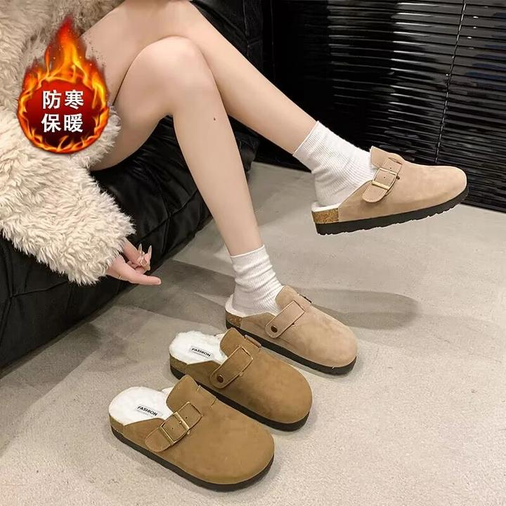 5cm~加绒勃肯包头半拖女2025秋季新款半拖懒人一脚蹬软木底棉拖鞋