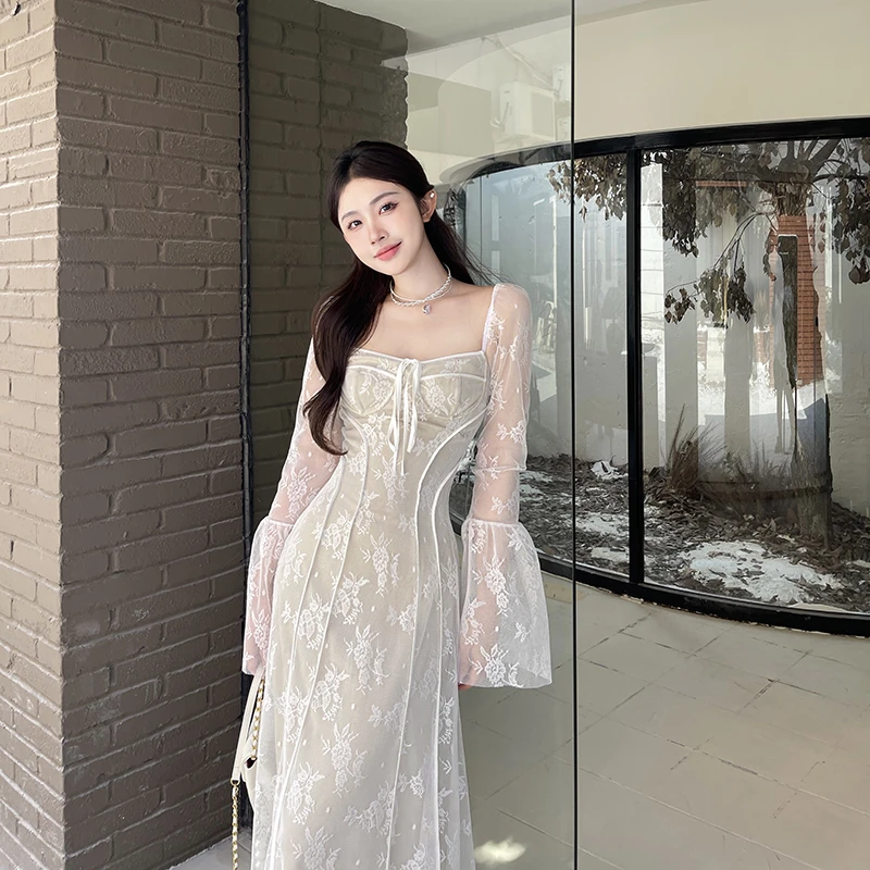 2024春季针织蕾丝网纱连衣裙女收腰显瘦气质鱼尾裙法式长裙女装