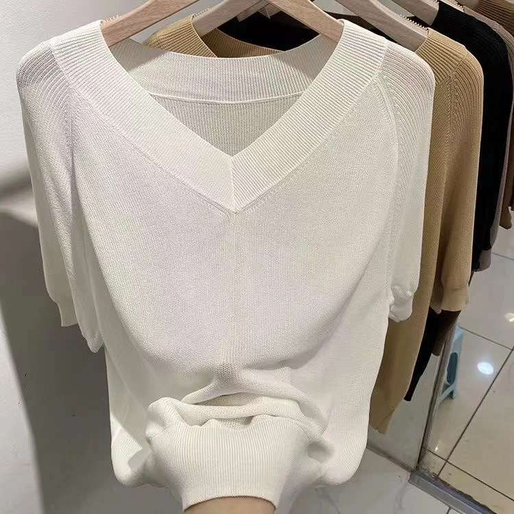 扣号修身针织衫时尚夏季套头圆领套头白色显瘦
