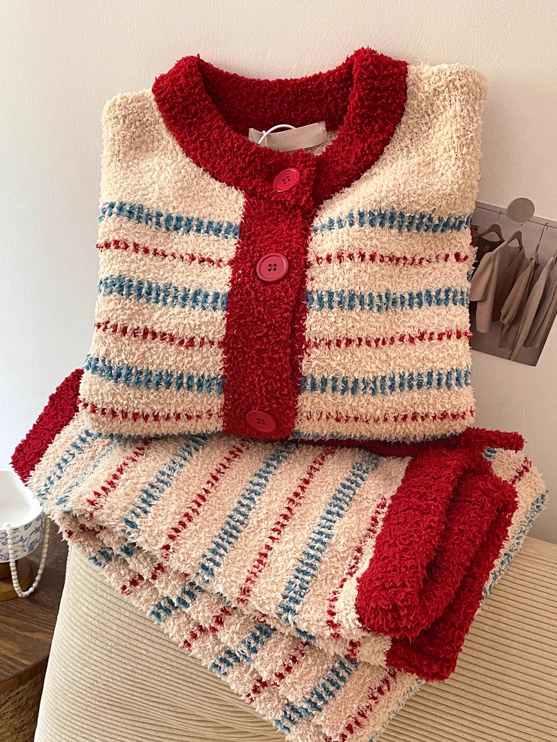 【新年喜庆】复古红色条纹半边绒睡衣女冬季新款加绒加厚家居服套装