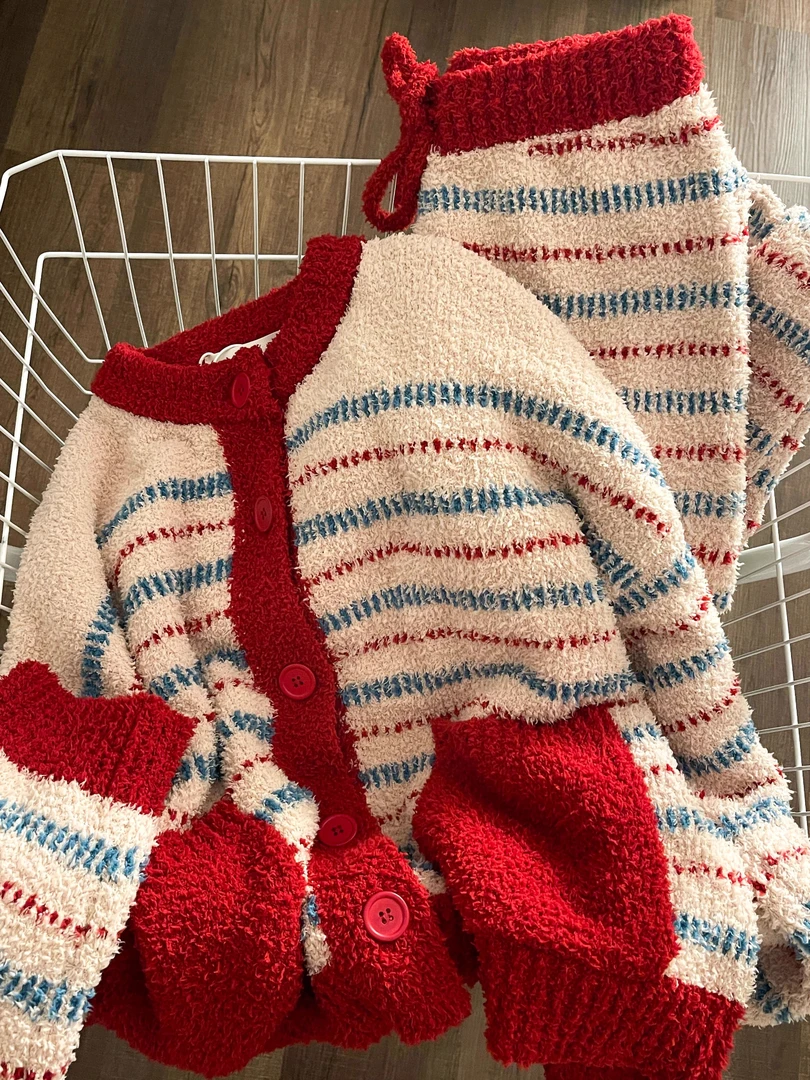 【新年红喜庆】复古条纹半边绒睡衣女冬加绒加厚韩版家居服套装