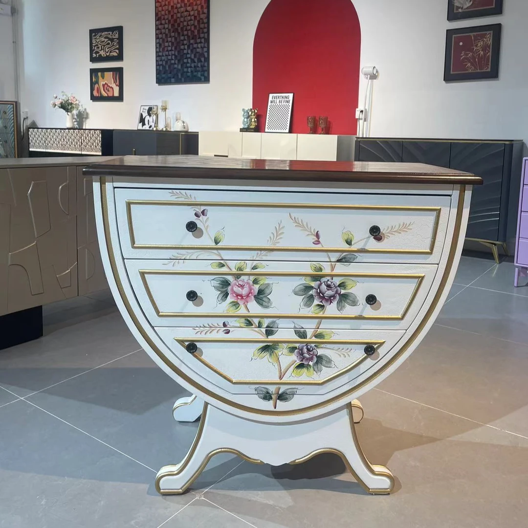 92*40*85美式三斗柜彩绘玄关柜隔断柜玄关桌复古欧式半圆装饰柜