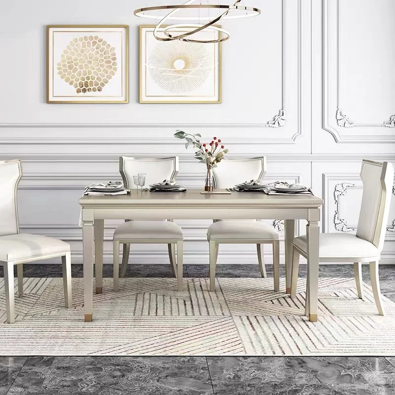 140*80*77美式轻奢香槟色餐桌组合长桌简约客厅小户型6人多人饭桌