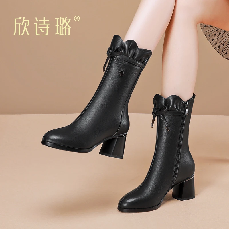 中筒女靴新款洋气2023新款冬季靴子粗跟中跟加绒牛皮白色真皮半靴