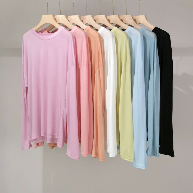 Mirendane东大门夏季宽松圆领T恤女长袖防晒衫纯色透气穿搭女装