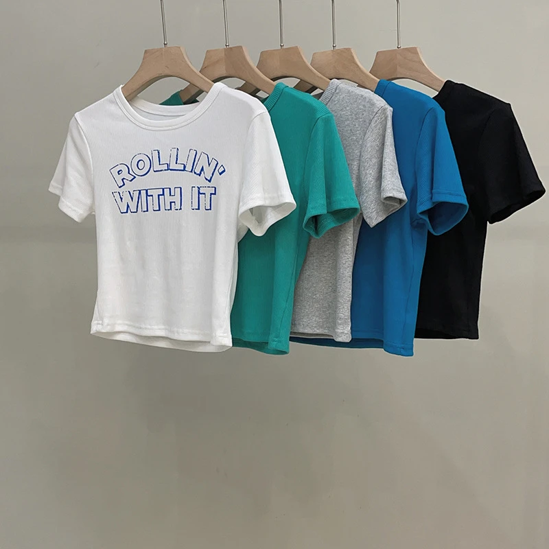 东大门复古高腰圆领短袖T恤女罗纹夏季新款韩国短款修身字母上衣