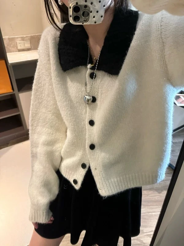 牛奶布丁 秋冬针织拼色时尚百搭打底针织开衫C8013