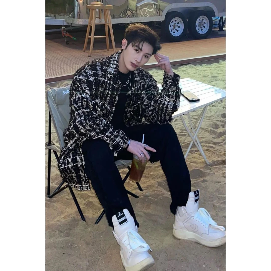 保罗2024美式高级感编织金线粗花呢小香风外套男秋季长袖衬衫情侣