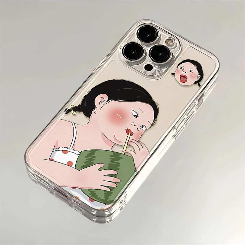 喝西瓜汁女孩适用苹果华为iPhone15/14promax/13/12手机壳 太空壳