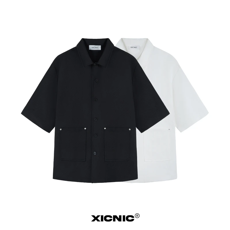 XICNIC抽象线条肌理口袋衬衫短袖 宽松春夏休闲翻领百搭简约高级