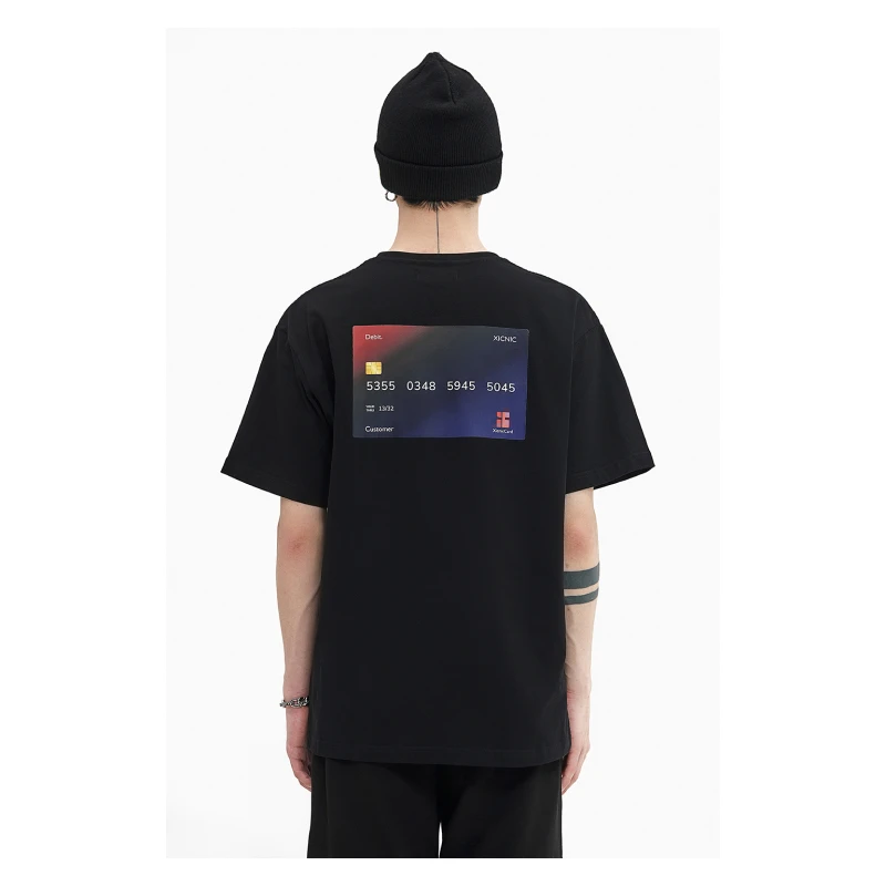 XICNIC储蓄卡印花T恤圆领短袖 纯棉休闲夏季潮流青春宽松国潮百搭
