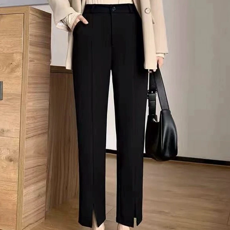 高腰显瘦开叉休闲裤子！春秋夏季烟管裤！百搭显瘦小黑裤！！直筒黑色