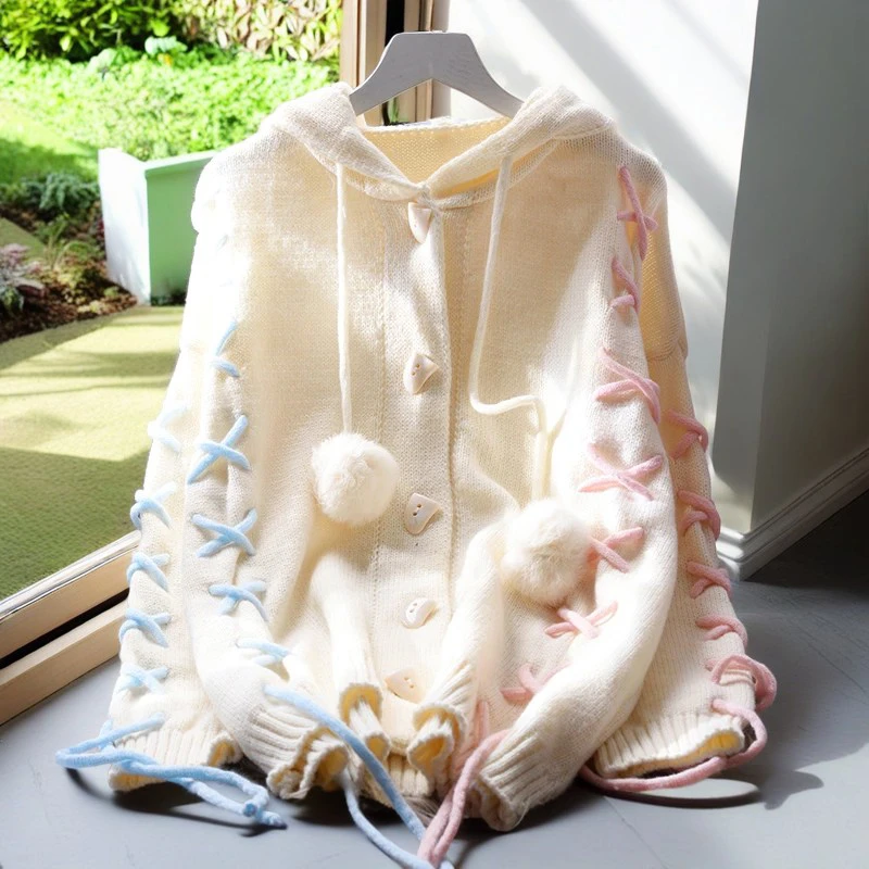 连帽中长款毛衣外套女宽松慵懒风秋季新款日系加厚系带针织衫开衫