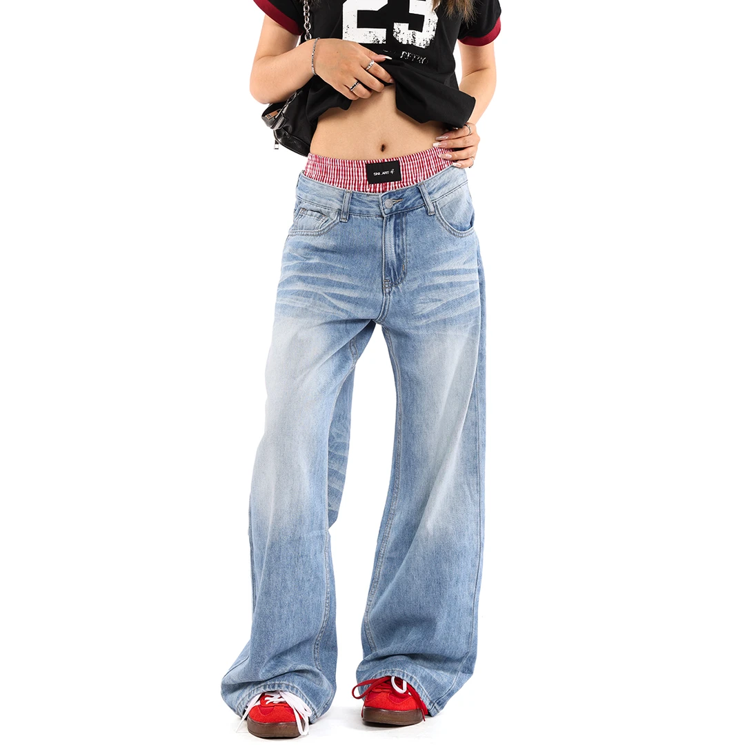 0123Start美式复古水洗牛仔裤子直通牛仔浅色牛仔直筒高腰