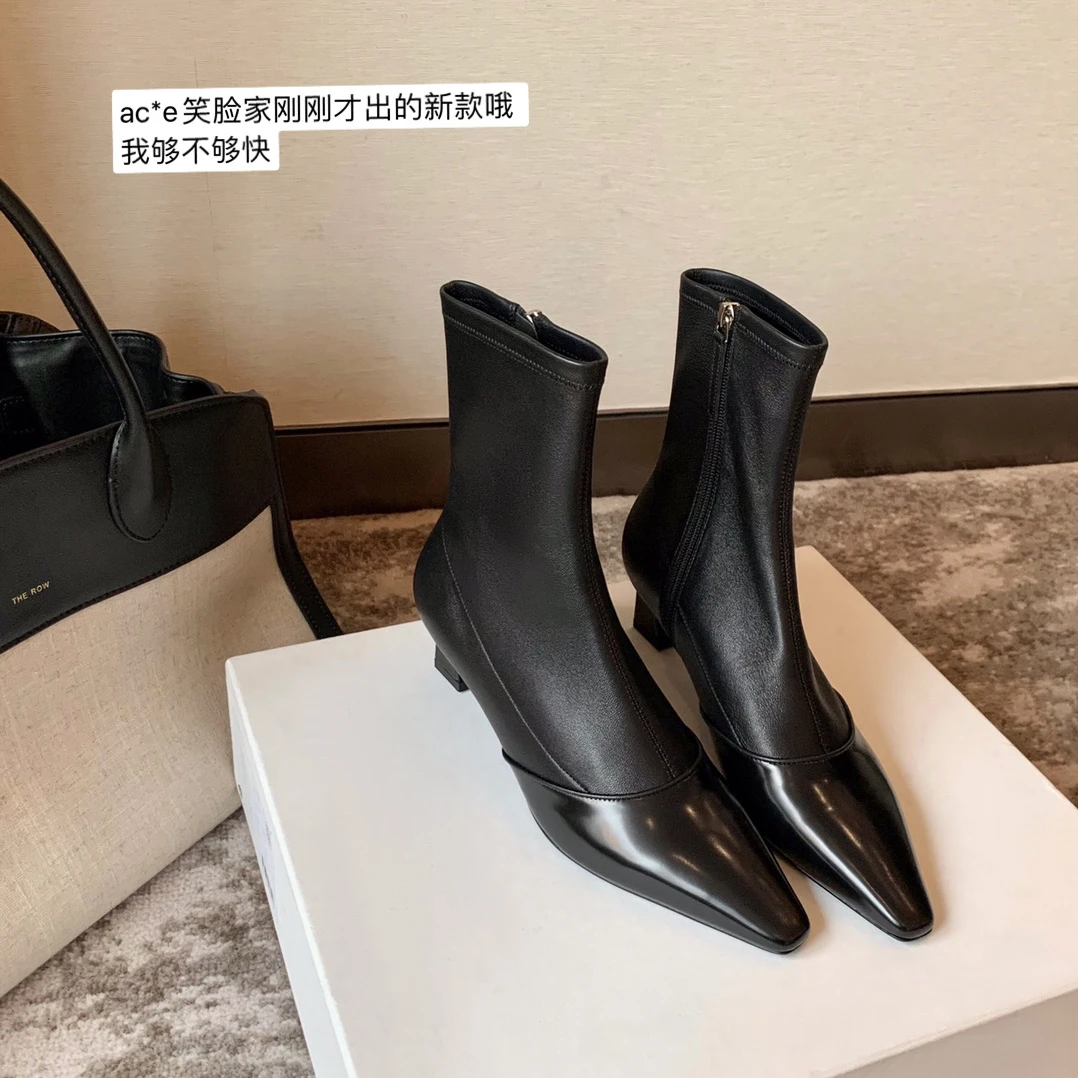 苏茵茵尖头瘦瘦靴女秋季百搭气质短靴弹力侧拉链小短靴E4306018