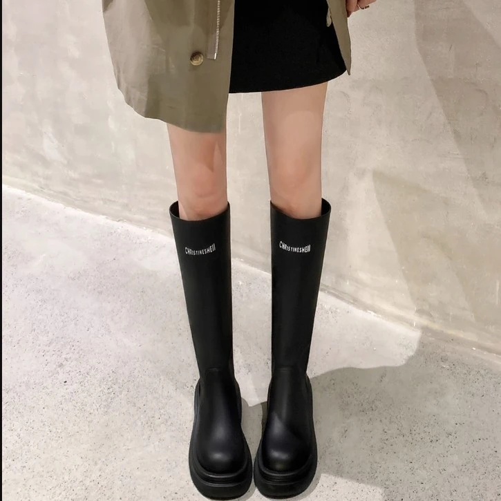 【唐婉Zoey专属】圆头厚底弹力中高筒骑士长靴女雨靴E3307207