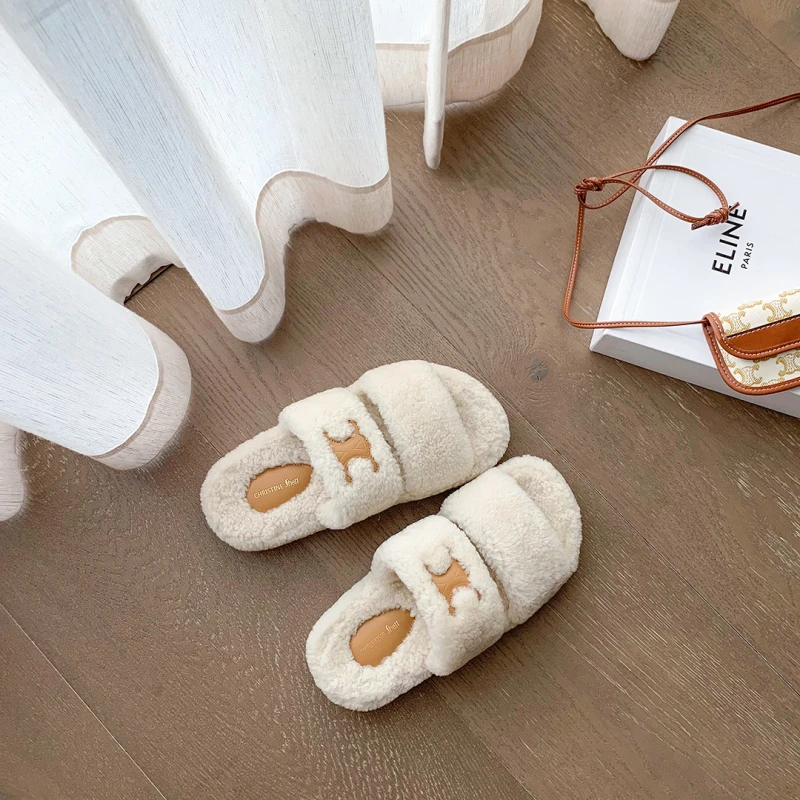 【苏茵茵】毛绒棉拖鞋厚底一字拖鞋毛毛拖外穿居家百搭毛拖E23T278A