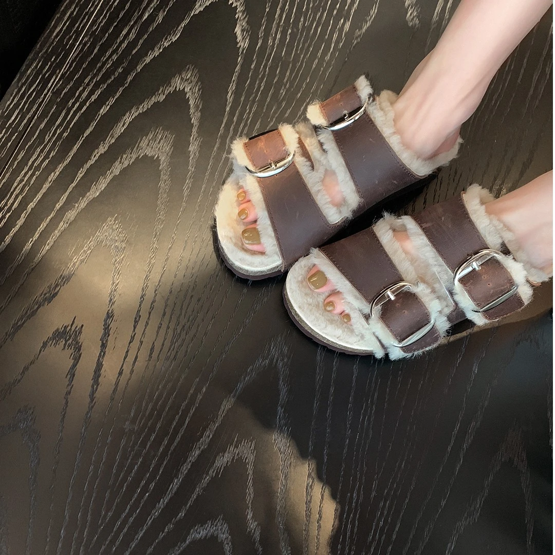 【苏茵茵】秋意浓~复古双扣加绒厚底勃肯毛毛拖鞋女外穿E3306002