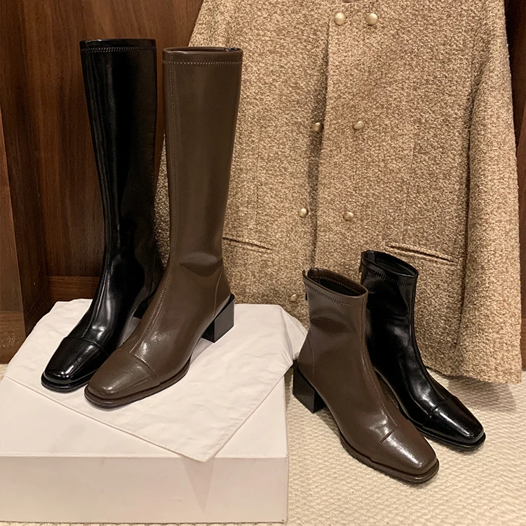 【sheii苏茵茵】两个版本~后拉链粗跟中高筒长靴女瘦瘦短靴E4306309