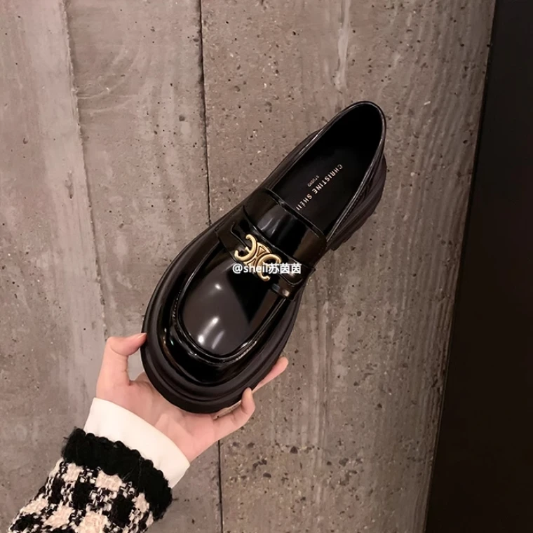 【星可专属】真皮圆头凯旋门金扣厚底乐福鞋女小皮鞋E24D412A