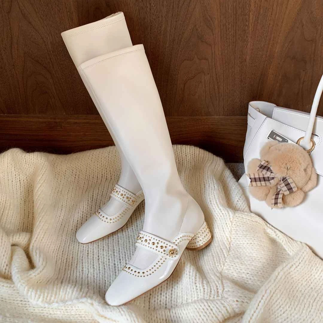 【sheii苏茵茵】方头铆钉后拉链中高筒弹力长靴女E4306326/E4307314