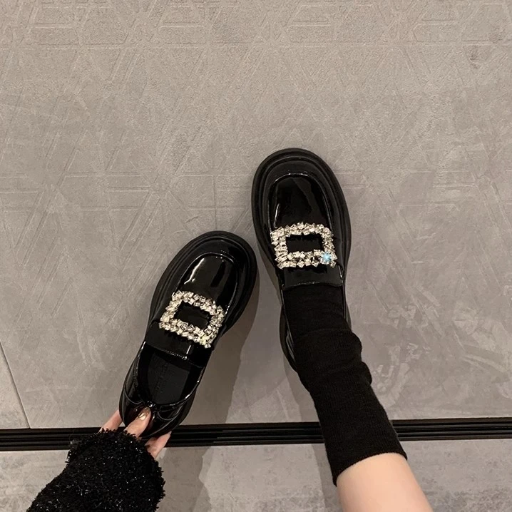 【苏茵茵】圆头水钻方扣厚底粗跟乐福单鞋女小皮鞋E3302043