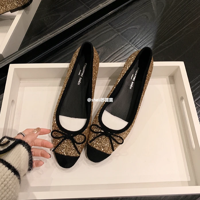 【芝加哥】晚会焦点~方头蝴蝶结亮片平底芭蕾单鞋女晚宴婚鞋