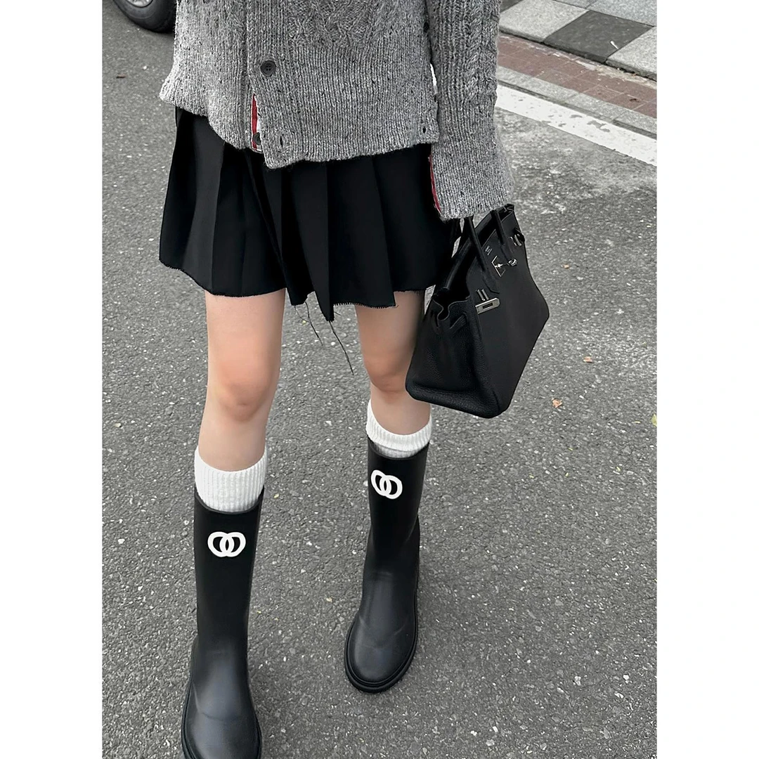 【可姐专属】圆头中高筒防水雨靴女骑士靴E24E344A百搭长靴筒靴