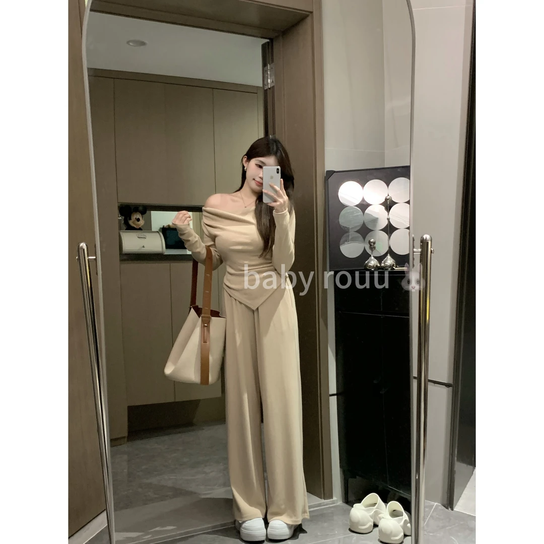 baby rouu【现货】【舒适组】温与柔气质长袖荡领显瘦慵懒长裤套装