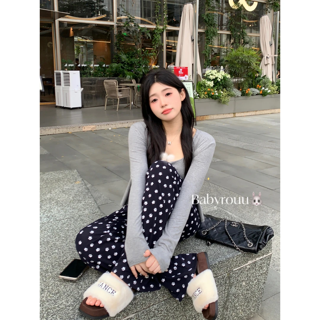 【现货】baby rouu【韩系懒人穿搭】显瘦小狗爪印花长裤百搭上衣套装