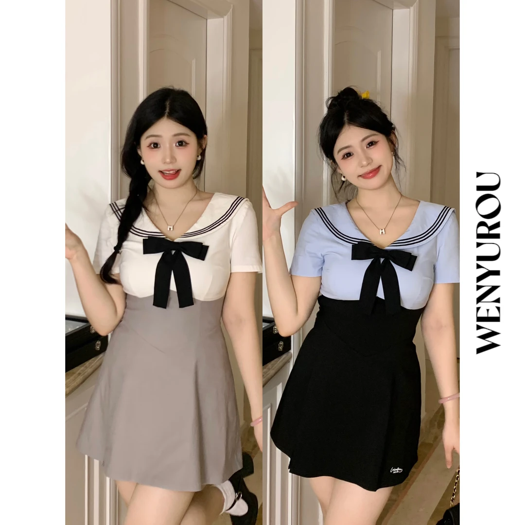 baby rouu【现货】【纯爱女高】学院风撞色假两件短袖连衣裙显嫩显瘦