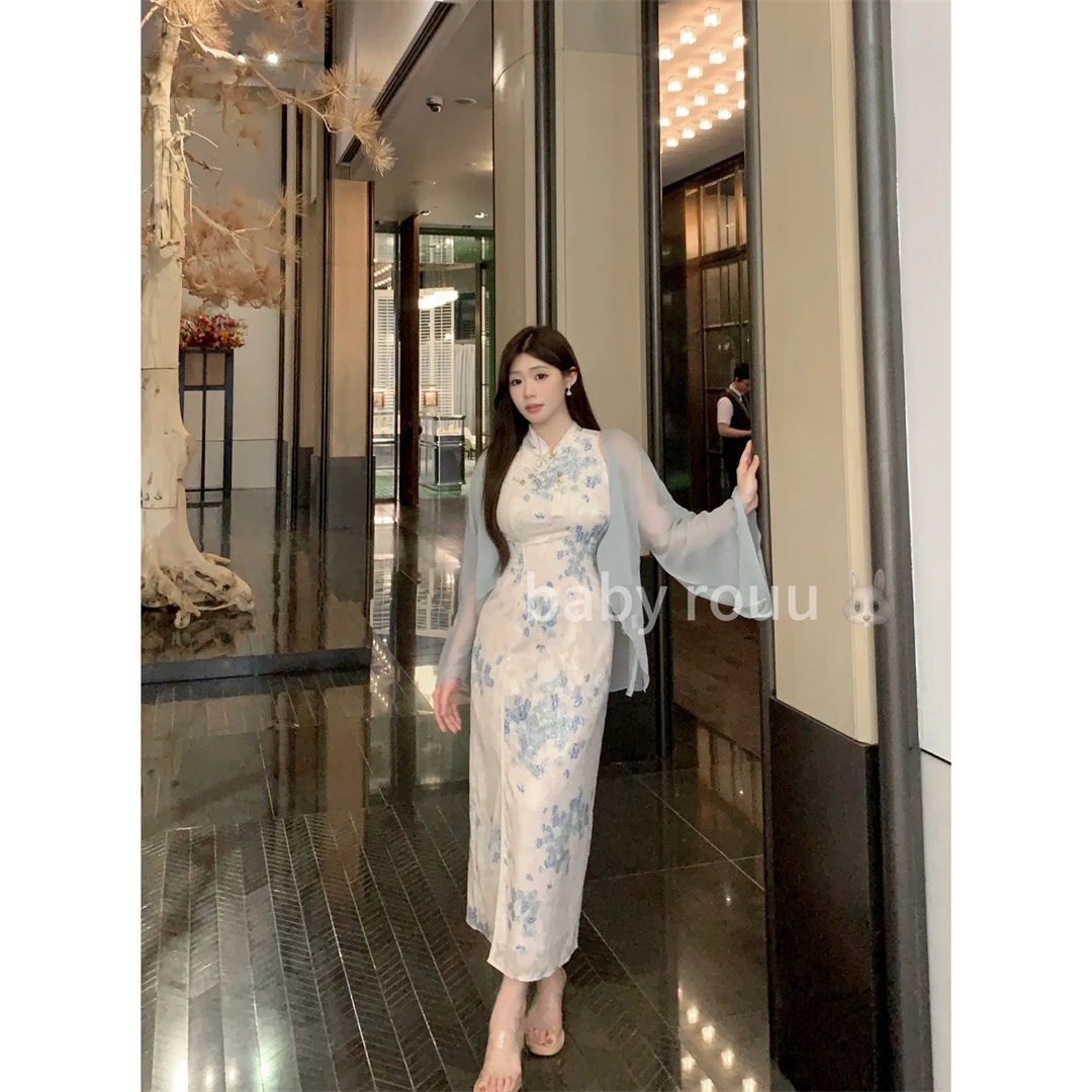 baby rouu【现货】【出水芙蓉】温与柔新中式碎花收腰显瘦挂脖连衣裙