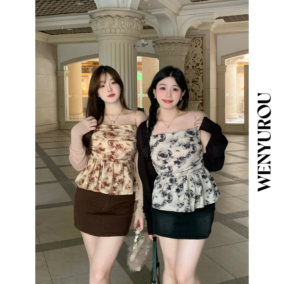 XM18825 温与柔【水墨玫瑰】法式复古水墨画收腰吊带背心时尚半裙