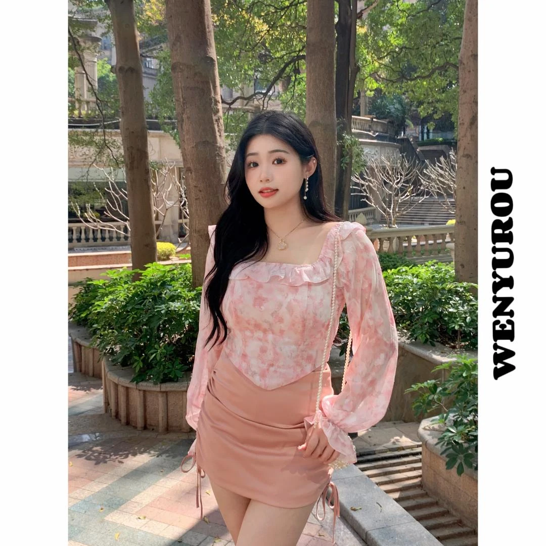 【现货】baby rouu【春半桃花】法式碎花小众气质显瘦收腰春季套装