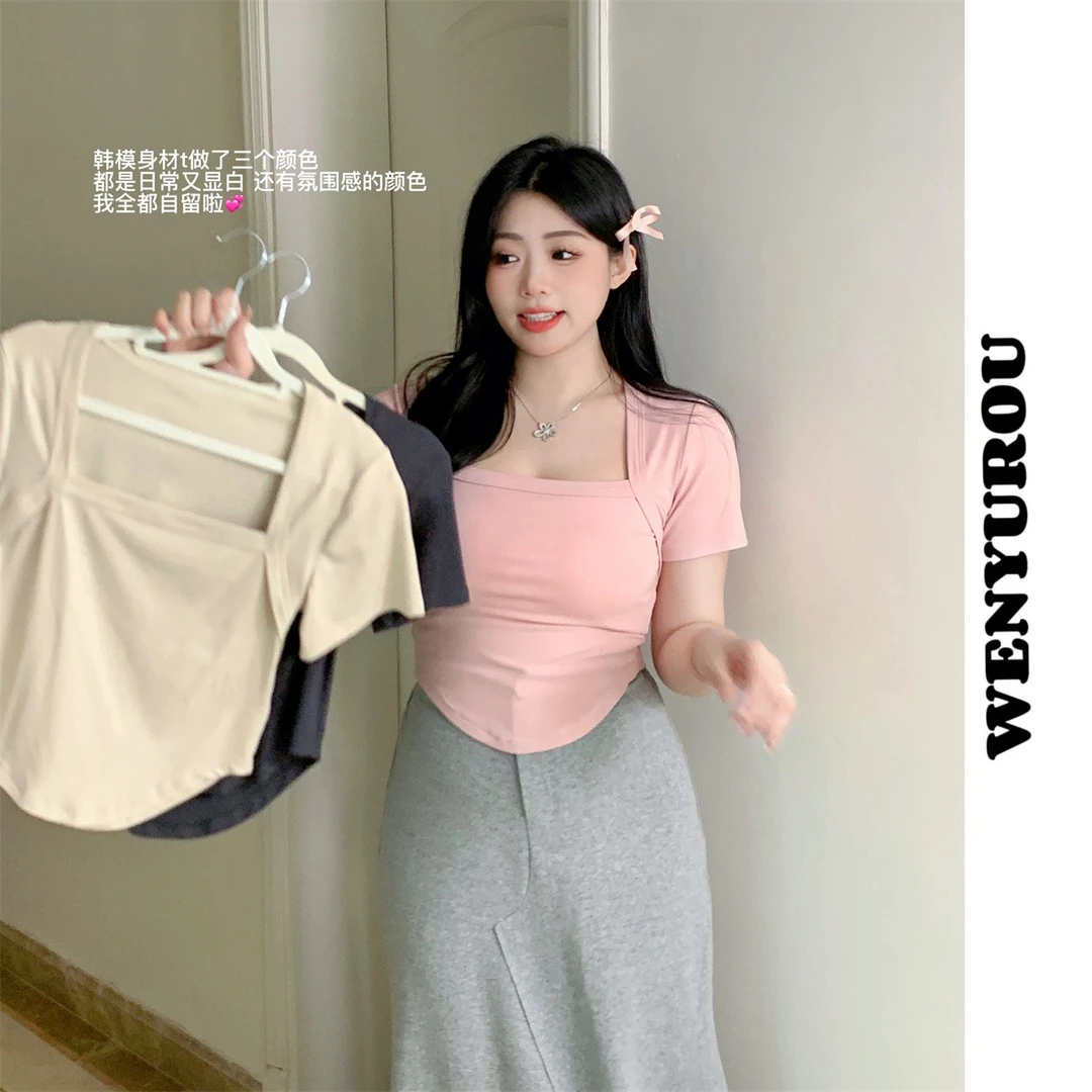 【现货】baby rouu【韩模身材T-94%棉】显白短袖夏季短款小众套装