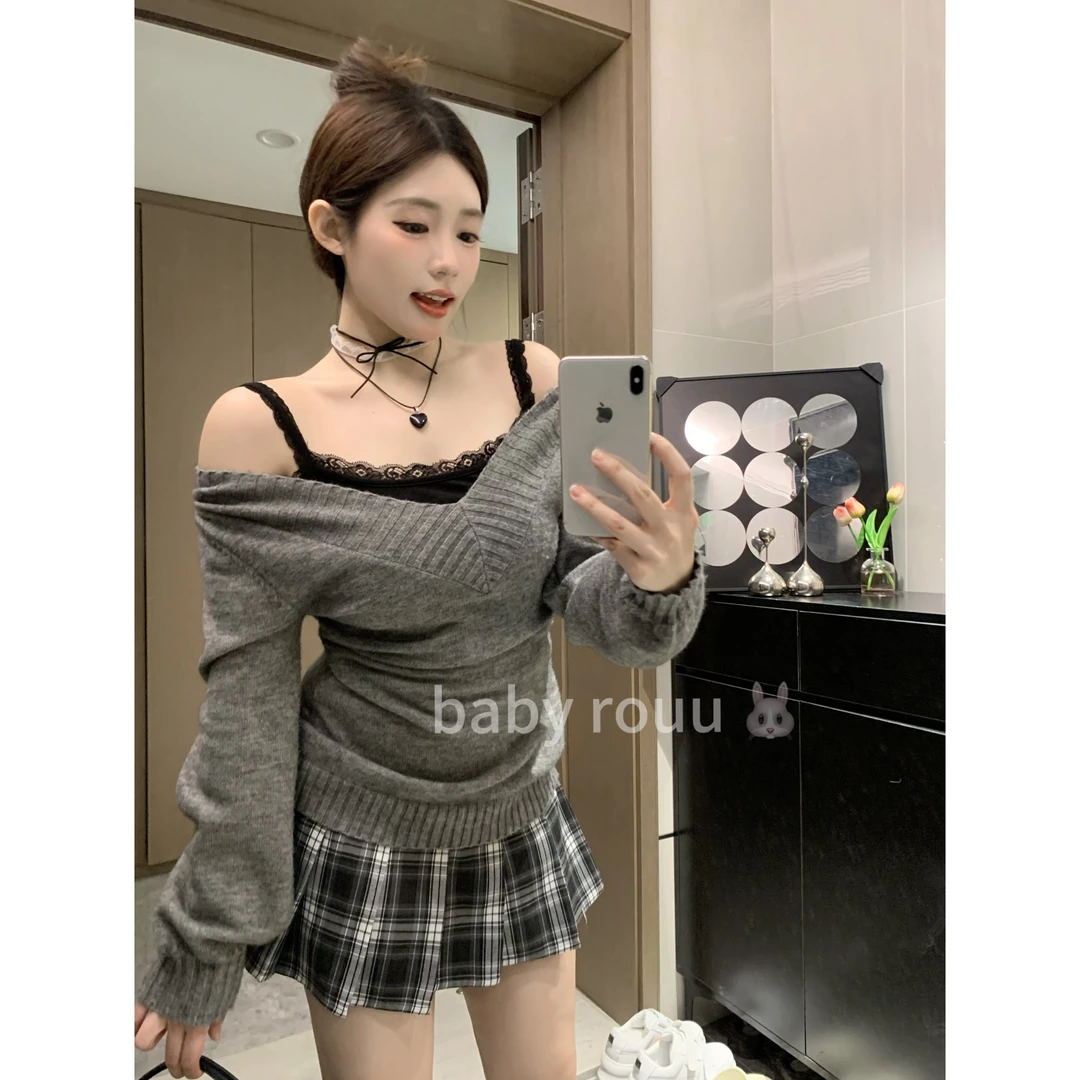 baby rouu【现货】【Vintage小猫】温与柔连衣百褶裙叠穿毛衣外套套装