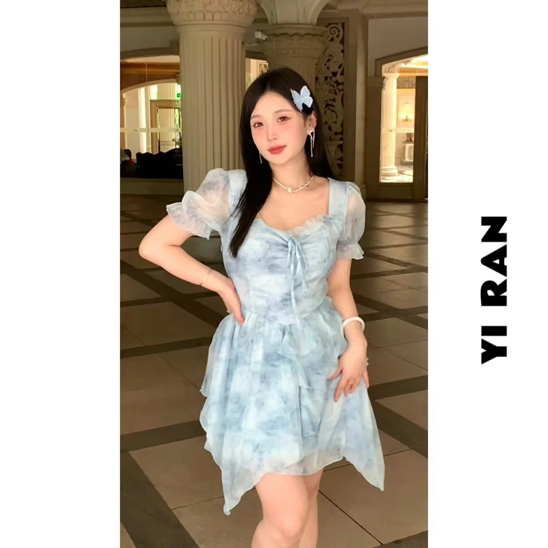 【现货】baby rouu【危险萝莉】夏季甜美气质方收腰连衣裙设计感圆领