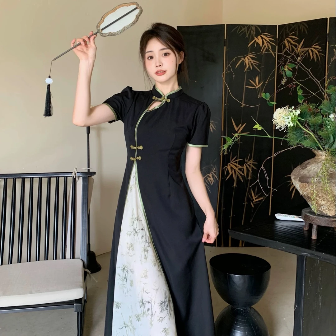 精致禅意拼接旗袍女夏装新中式改良新款连衣裙复古国风绝美裙子潮